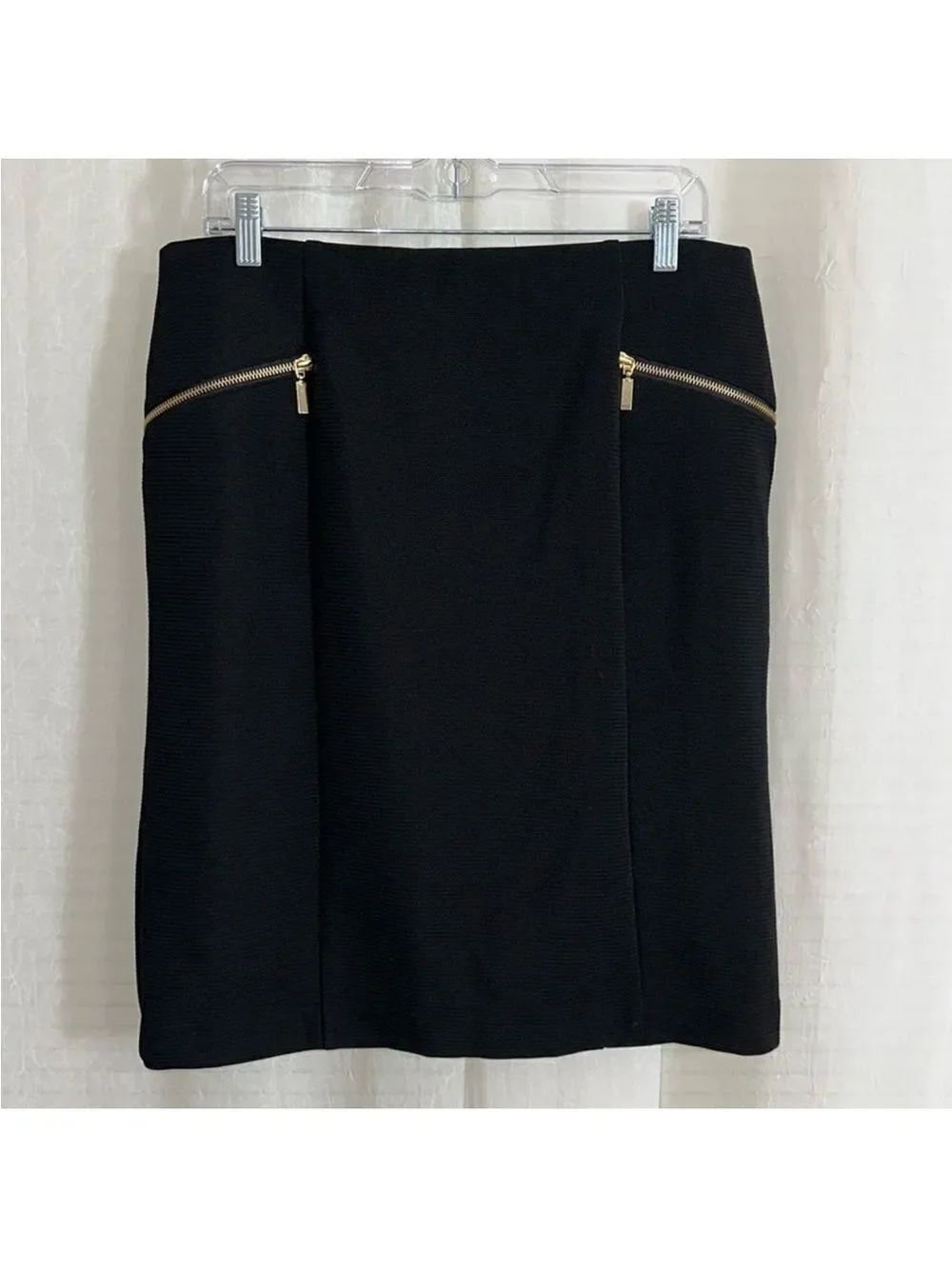 Alfani 14 Modern Edge Deep Black Ribbed Gold Tone Zip Details Pencil Skirt NWT
